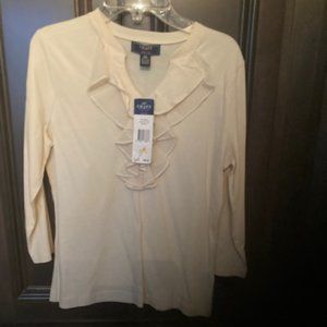 Chaps Denim 100% Cotton V-Neck Cream/Ivory Ruffle Front Blouse
